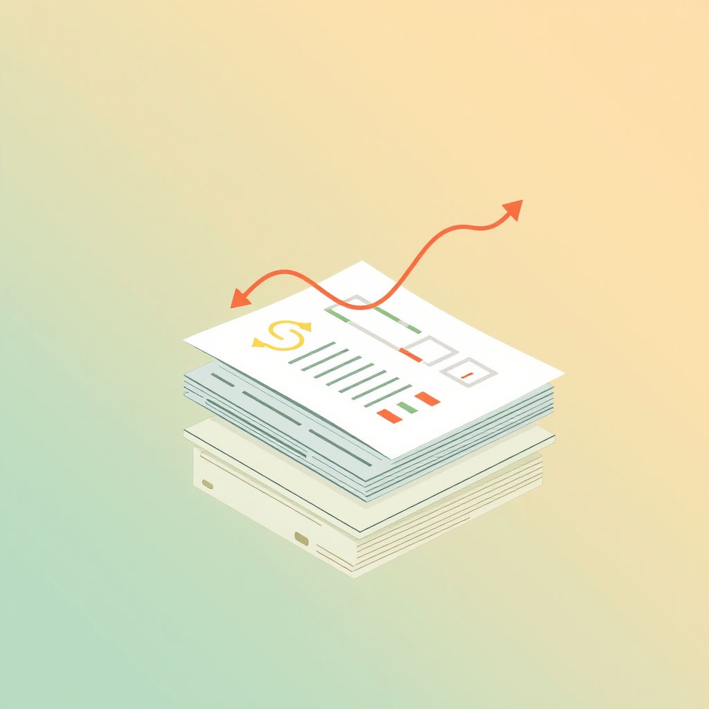 Two cost curves crossing over a stack of contract documents