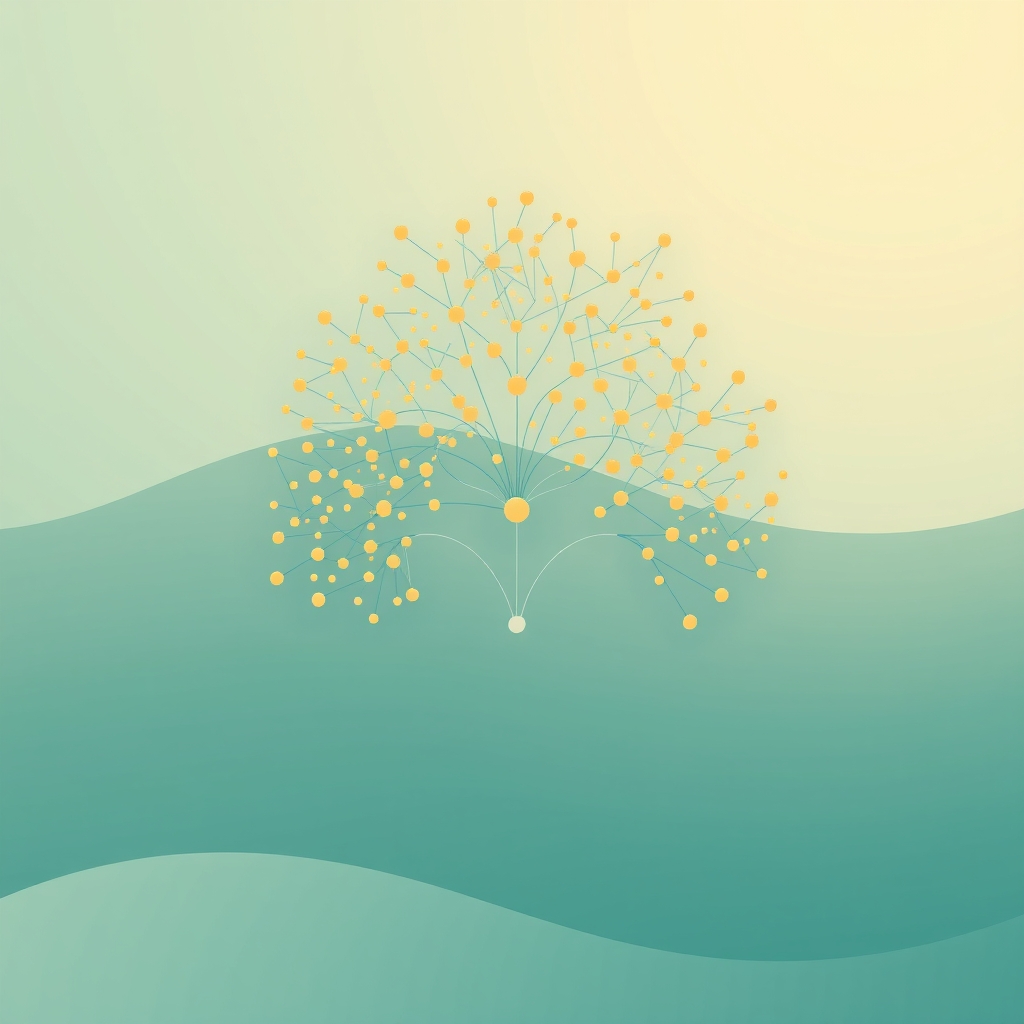 Abstract diagram of one event node branching into a dense cloud of events